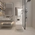 Modern Bathroom Interior With Cloud Neon Mirror Black Towel Rack White Vanity And Shower Area