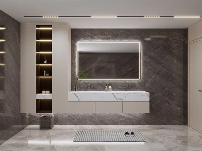 Modern Luxurious Bathroom Interior With Washbasin Vanity Marble Countertop Large Mirror And Gray Wall 3d model