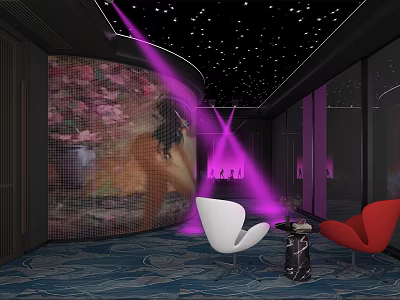 Stylish KTV Room Interior With Starry Ceiling Purple Lighting Large Screen Projection And Colorful Chairs 3d model