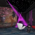 Stylish KTV Room Interior With Starry Ceiling Purple Lighting Large Screen Projection And Colorful Chairs