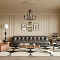 Classic Living Room Interior With Decorative Walls Chandelier Leather Sofa And Geometric Rug