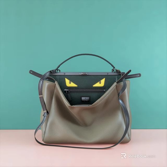 Stylish Brown Leather Handbag with Yellow Eyes Pattern Black Handles and Shoulder Strap 3d model 