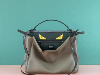 Stylish Brown Leather Handbag with Yellow Eyes Pattern Black Handles and Shoulder Strap 3d model