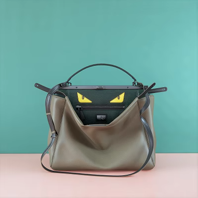 Stylish Brown Leather Handbag with Yellow Eyes Pattern Black Handles and Shoulder Strap 3d model