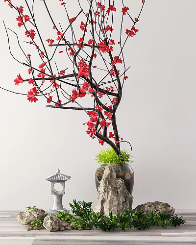 Decorative Garden Ornament With Red Blossom Branches Green Grass And Mini Pavilion 3d model