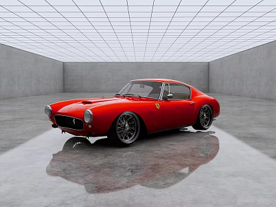 Red Classic Ferrari Car In Modern Interior Space With Grid Ceiling And Gray Walls 3d model