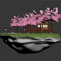 Traditional Japanese Building With Pink Cherry Blossom Trees Green Grass Stone Path and Red Lanterns