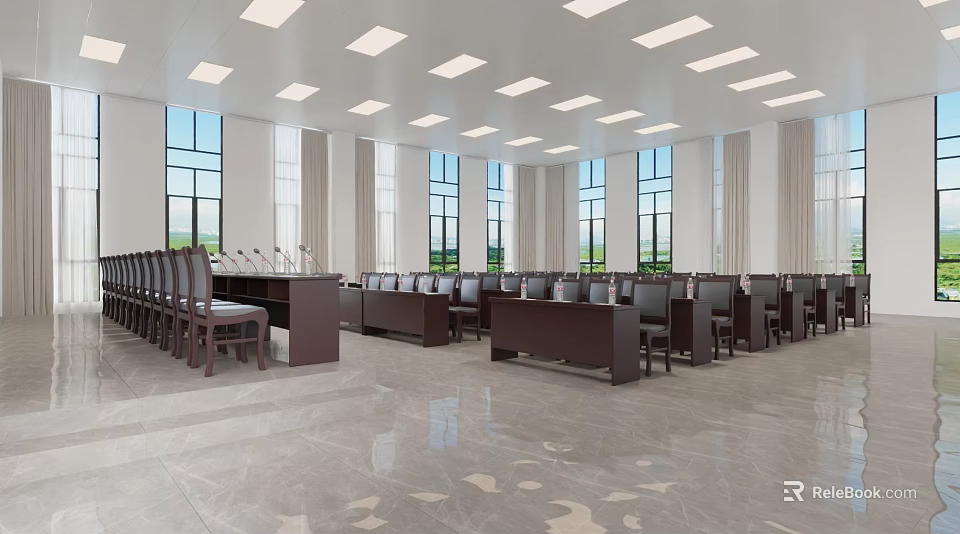 Spacious Bright Conference Room Interior With Large Windows And Long Tables Chairs 3d model 