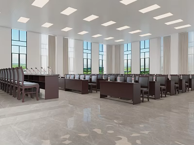 Spacious Bright Conference Room Interior With Large Windows And Long Tables Chairs 3d model
