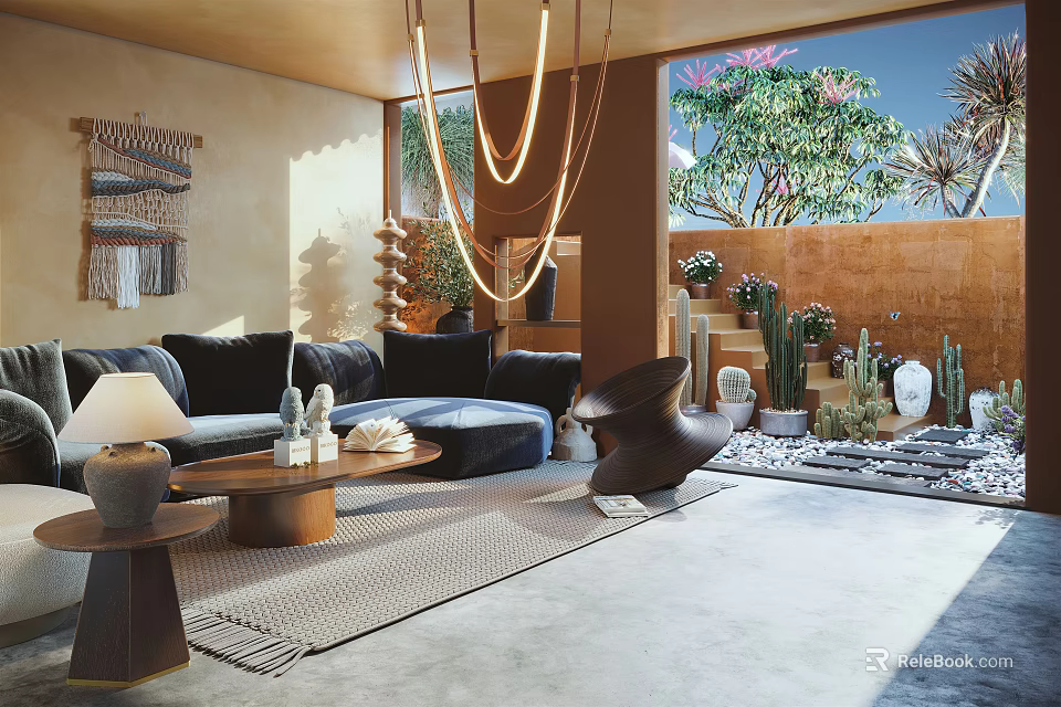Modern Living Dining Room Interior With Hanging Chandelier Sofa Coffee Table And Outdoor Cactus View 3d model 