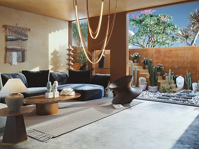 Modern Living Dining Room Interior With Hanging Chandelier Sofa Coffee Table And Outdoor Cactus View 3d model