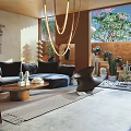 Modern Living Dining Room Interior With Hanging Chandelier Sofa Coffee Table And Outdoor Cactus View