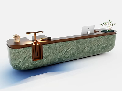 Modern Green Reception Desk With Laptop Small Plant And Decorative Ornament 3d model