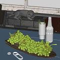 Ceramic Dish with Green Grapes on Blue Outdoor Table and Glass Cups with Green Drink