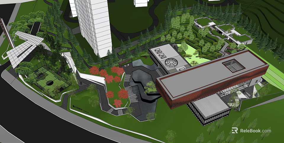 Modern Garden Landscape With High Rise Buildings Green Lawns Red Leaf Trees And Pedestrian Paths 3d model 