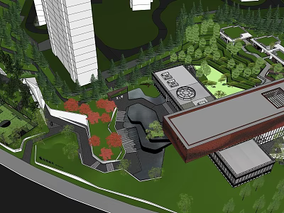 Modern Garden Landscape With High Rise Buildings Green Lawns Red Leaf Trees And Pedestrian Paths 3d model