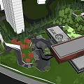 Modern Garden Landscape With High Rise Buildings Green Lawns Red Leaf Trees And Pedestrian Paths