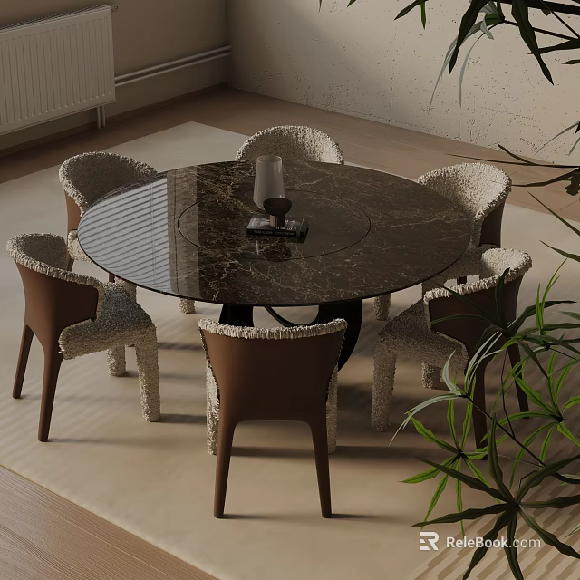 Round Marble Dining Table Set With Woven Chairs Brown Legs And Neutral Rug 3d model 