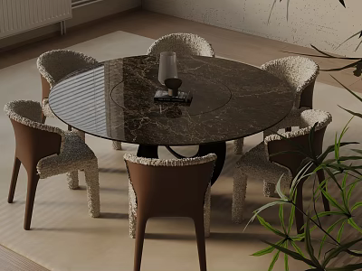 Round Marble Dining Table Set With Woven Chairs Brown Legs And Neutral Rug 3d model