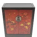 Traditional Oriental Cabinet With Red Lacquer Surface Gold Floral Patterns Black Frame And Decorative Base
