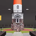 Classic European style Architecture Lighthouse With Red And White Stripes Circular Platform And Stone Ramp