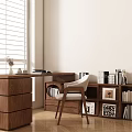 L shaped Wooden Desk With White Chair Bookshelf Books Photo Frames And Window Blinds