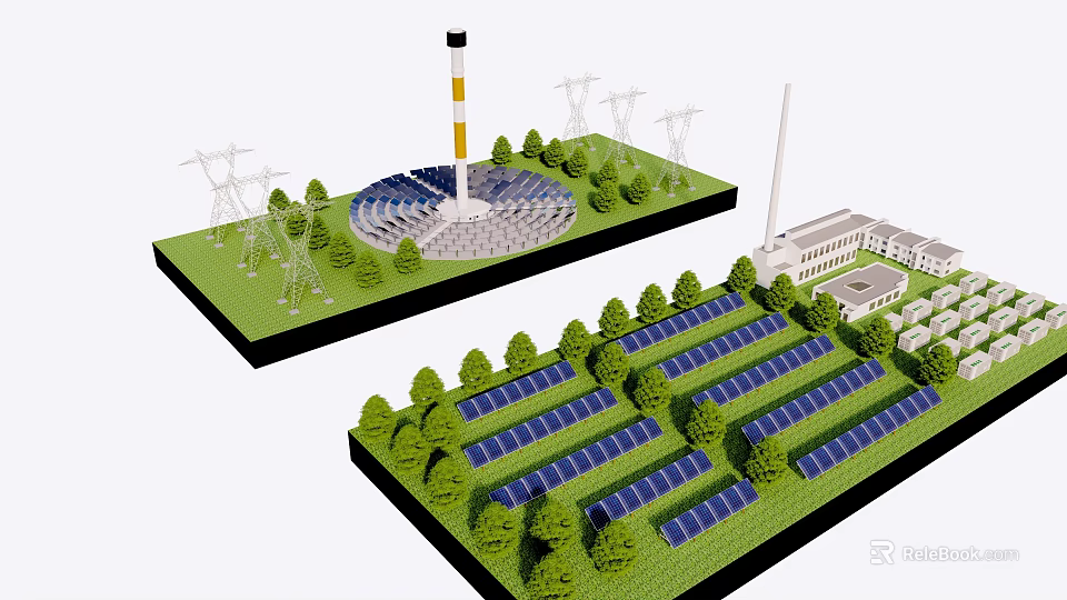 Industrial Tower Surrounded By Solar Panels Trees Power Lines And Buildings 3d model 