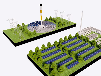 Industrial Tower Surrounded By Solar Panels Trees Power Lines And Buildings 3d model