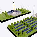 Industrial Tower Surrounded By Solar Panels Trees Power Lines And Buildings