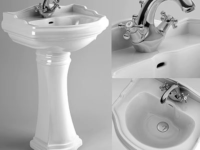 Elegant White Ceramic Pedestal Bathroom Sink With Classic Double Handle Faucet Design 3d model
