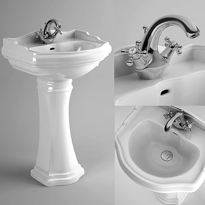 Elegant White Ceramic Pedestal Bathroom Sink With Classic Double Handle Faucet Design 3d model