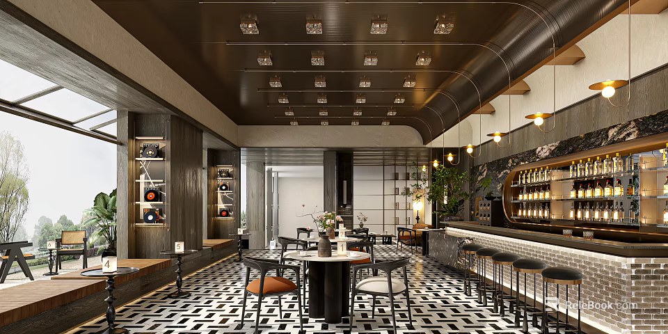 Modern Restaurant Interior With Round Tables Bar Counter Black White Checkered Floor And Pendant Lights 3d model 