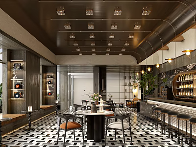 Modern Restaurant Interior With Round Tables Bar Counter Black White Checkered Floor And Pendant Lights 3d model