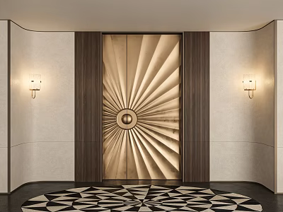 Luxurious Double Doors With Radiant Pattern Wooden Frames Wall Sconces And Geometric Rug 3d model