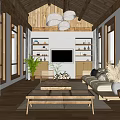 Modern Living Room Interior With Wooden Ceiling Pendant Lights Large Windows And Sofa