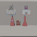 Indoor Basketball Court With Pink Hoops Digital Scoreboards And Ball Racks