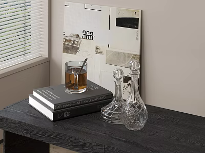 Wooden Table Decorative Ornament Set With Stacked Books Glass Cup And Wall Art 3d model