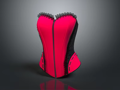 Pink Fashionable Corset With Black Lace Trim And Back Zipper Satin Material 3d model