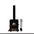Black Wood Burning Fireplace With Flames Stacked Firewood Logs And Fireplace Tools
