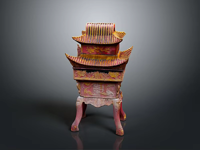 Traditional Chinese Red Lacquer Wood Shrine with Gold Carvings and Multi tiered Roof 3d model