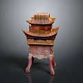 Traditional Chinese Red Lacquer Wood Shrine with Gold Carvings and Multi tiered Roof