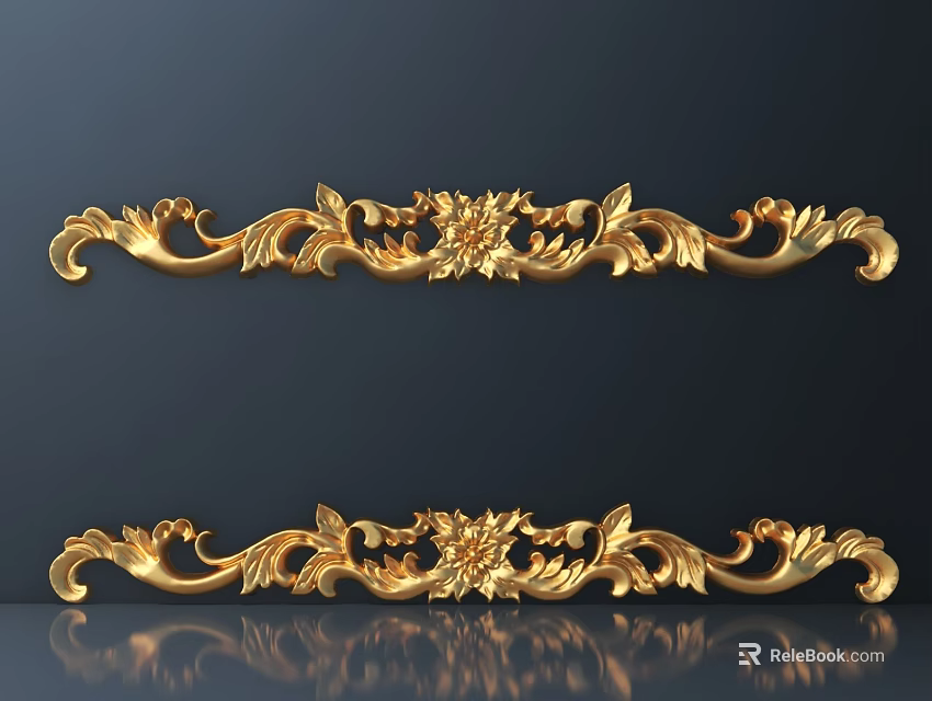 Golden Carved Decorative Strips Featuring Intricate Floral And Leaf Patterns 3d model 