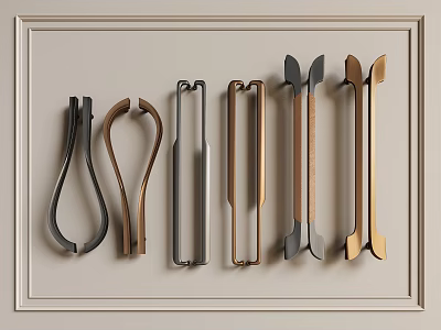 Stylish Modern Door Handles With Various Designs Metal And Golden Finishes On Light Wall 3d model