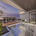 Home Balcony Outdoor Relaxation Space With Wooden Deck Green Plants And Rattan Chairs