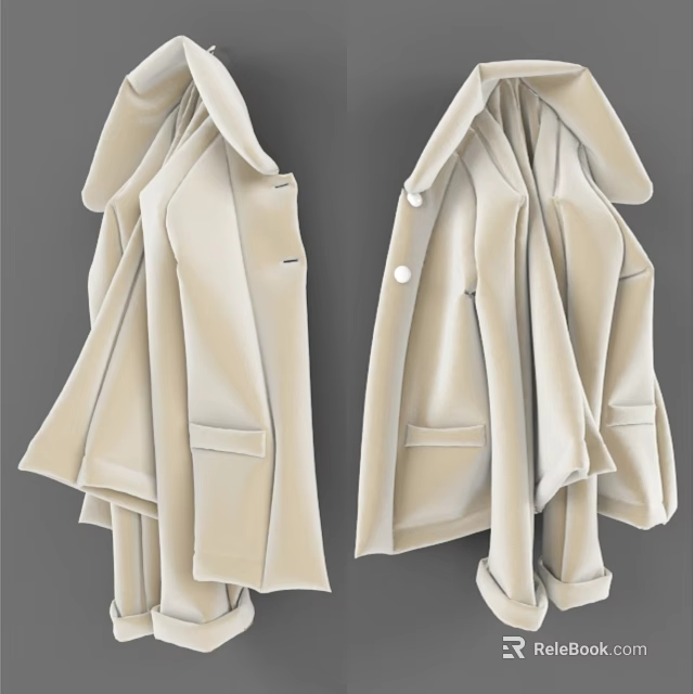 Hanging Beige Coats with Lapels Buttons Pockets on Grey Background 3d model 