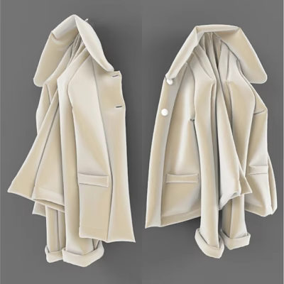 Hanging Beige Coats with Lapels Buttons Pockets on Grey Background 3d model