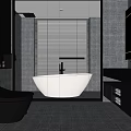Modern Bathroom Interior With Dark Tiles Free Standing Bathtub Window Blinds And Double Vanity