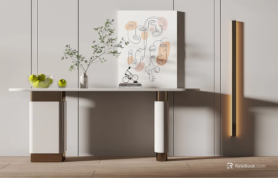 Modern Console Table With Marble Top Green Plants Vase And Abstract Artwork 3d model 