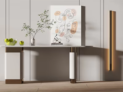 Modern Console Table With Marble Top Green Plants Vase And Abstract Artwork 3d model