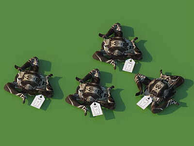 Four Camouflage Pattern Frog Stuffed Toys With White Tags On Green Surface 3d model